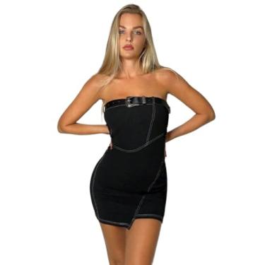 Imagem de Camisa Feminina Top-stitching Asymmetrical Hem Tube Bodycon Dress (Color : Black, Size : X-Small)