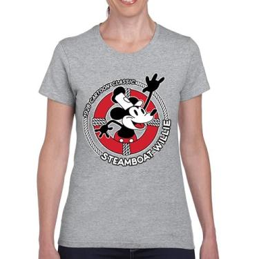 Imagem de Camiseta Steamboat Willie Life Preserver divertida clássica desenho animado praia Vibe Mouse in a Lifebuoy Silly Retro Camiseta feminina, Cinza, GG