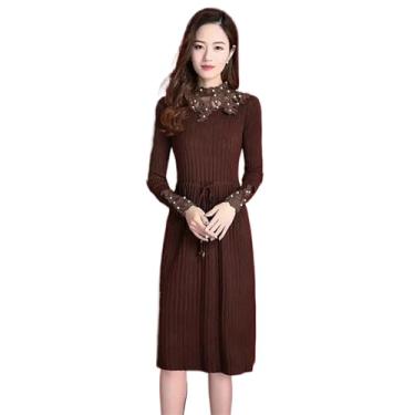 Imagem de Vestido de malha fino de renda outono inverno vestidos femininos quentes manga longa midi tricô vestidos suéter vestidos coreanos, Café, P