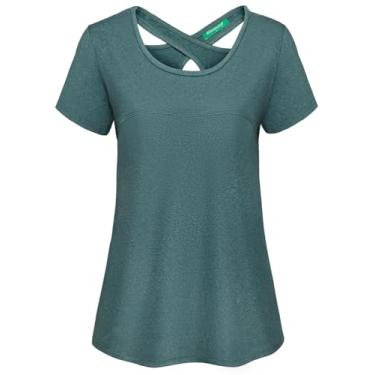 Imagem de Kimmery Camisa feminina de manga curta gola redonda cruzada nas costas para ioga, Grafite verde, 3G