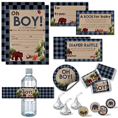 Imagem de Amanda Creation Oh Boy! Pacote de chá de bebê lenhador xadrez azul e preto ao ar livre inclui 20 convites com envelopes + 4 tamanhos de adesivos, ingressos de fraldas e cartões de trazer um livro