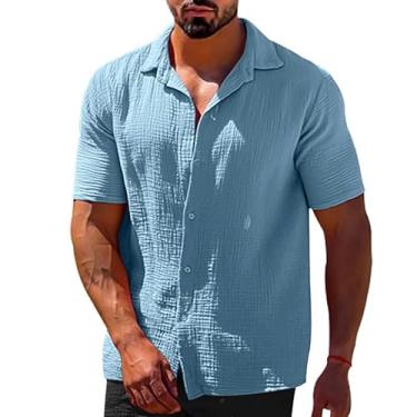 Imagem de BAFlo Camisa masculina de linho casual lapela cor sólida manga curta botão roupas masculinas, Azul-celeste, G
