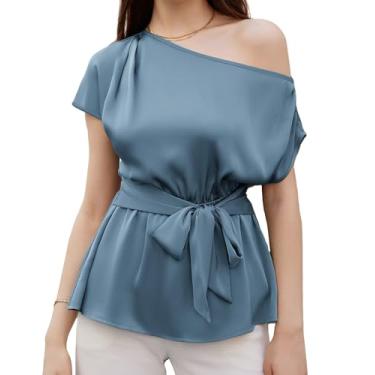 Imagem de GRACE KARIN Blusa feminina de cetim de seda de manga curta, ombro de fora, blusa de festa com cintura elástica com cinto, Azul, cinza, P