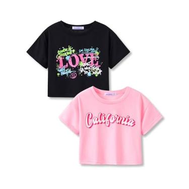 Imagem de Serdomi Top cropped elegante grafite/borboleta/tropical para meninas pequenas e grandes - camiseta legal de verão pacote com 2 roupas tamanho 6-18, Grafite preto e rosa Ca, 7-8