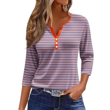 Imagem de Camisetas femininas de verão listradas Henley blusas de manga 3/4 de comprimento solto túnica color block, Laranja, M