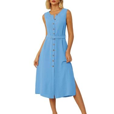 Imagem de GRACE KARIN Vestido feminino casual de verão 2024 negócios trabalho cinto sem mangas abotoado camisa vestidos com bolsos, Azul claro, M