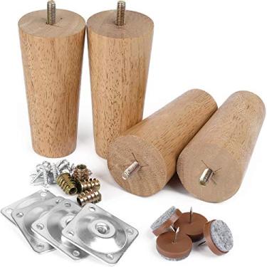 Imagem de Pernas de móveis, pernas de sofá de 15,24 cm, pernas de substituição de pés de móveis de madeira de nogueira moderna com placas de montagem de perna e protetores de feltro para armário de sofá, Natural Wood Legs 5"