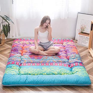 Imagem de MAXYOYO Colchão boêmio retrô boho floral futon japonês tatami tapete de chão dobrável portátil acampamento, almofada de dormir, espreguiçadeira, sofá-cama tamanho casal