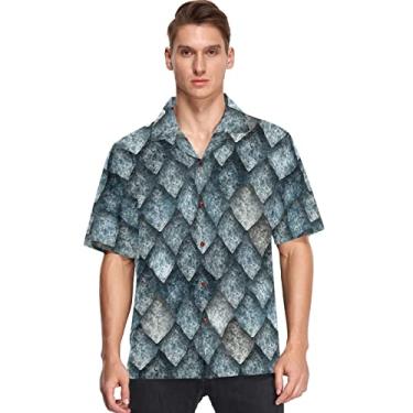 Imagem de visesunny Camisa masculina casual de botão manga curta havaiana azul frio prata dragão escala Aloha camisa, Multicolorido, M