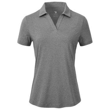 Imagem de BGOWATU Camisa polo feminina de golfe de manga curta com gola V, gola V, proteção UV, ajuste seco, Cinza escuro, GG