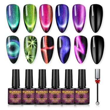 Imagem de BURANO Conjunto de esmalte de gel Cat Eye 9D holográfico translúcido UV com ímã, 6 cores rosa nude roxo verde azul gato magnético olho gel polonês DIY casa (Kit03)
