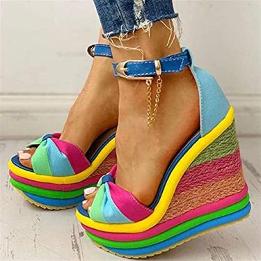 Imagem de Sandálias plataforma alpargatas para mulheres, verão bico aberto tira no tornozelo salto alto arco-íris casual praia cunha sandálias peep toe sapatos (branco: azul, tamanho: 38)