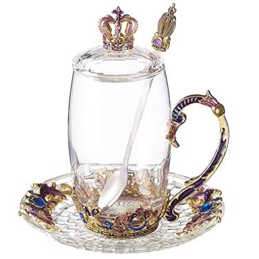 Imagem de LANTREE Canecas de chá para mulheres xícara de chá com tampa, colher pires, coroa de vidro, caneca de café, presente de Dia das Mães, (coroa de 355 ml)