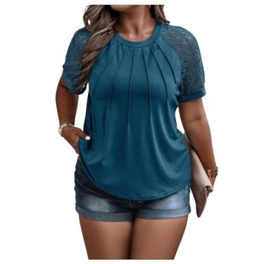 Imagem de SOLY HUX Camiseta feminina plus size de renda contrastante manga curta gola redonda verão, Azul petróleo liso, G Plus Size