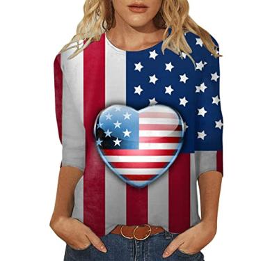 Imagem de Camisetas femininas 4th of July 4th of July Shirts Star Stripes 3/4 Sleeve Patriotic Tops Going Out Tops 2024, Azul - C, G