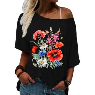 Imagem de Camisetas florais femininas sensuais com ombros de fora, flores silvestres, vintage, boêmio, estampa floral, Preto - 3, M