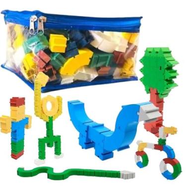 Imagem de Blocos de Montar Encaixes Monta Tudo, 100 Peças, Brinquedos Educativos para Crianças de 3+ Anos, Fácil Montagem, com Saco