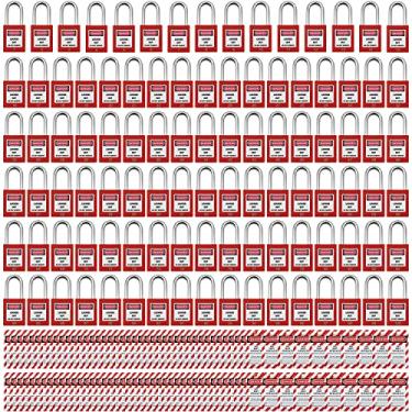Imagem de Fechaduras de identificação de bloqueio, cadeado de segurança, fechaduras Loto com chave de bloqueio diferente, 100 cadeados de segurança de plástico com 100 etiquetas de bloqueio vermelhas
