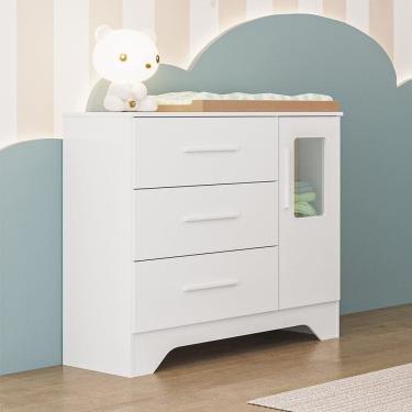 Imagem de Cômoda Infantil 1 Porta com Janela Retangular e 3 Gavetas 100% Mdf Liam Branco Brilho