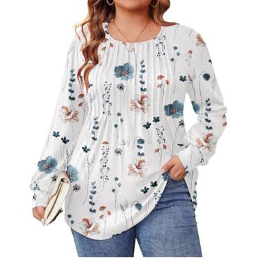 Imagem de IN'VOLAND Túnica feminina de manga comprida plus size, plissada, gola redonda, elegante, casual, solta, camiseta de outono, Branco, rosa, floral, 56