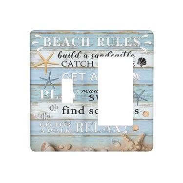 Imagem de Capas de tomada decorativas regras de praia estrela do mar placa de madeira azul cinza rústica 2 gangues 1 gangue placa de parede interruptor de luz combinação de dispositivo basculante placa de
