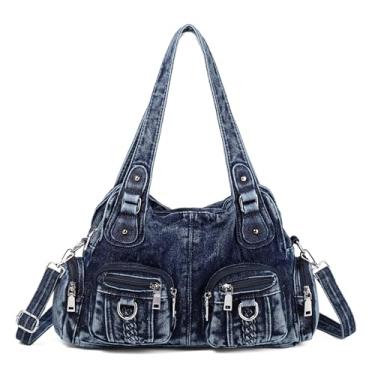 Imagem de YeFine Bolsas de ombro casuais jeans lavadas alça superior bolsas femininas Hobo bolsas femininas e bolsas de mão, Azul - 2, Large