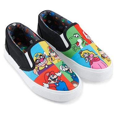 Imagem de Nintendo Tênis esportivo Mario para meninos – Tênis slip-on Super Mario – Mario, Luigi, Kirby e Donkey Kong Tênis de lona sem cadarço, Preto, 4 Big Kid