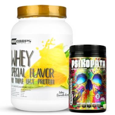Imagem de Whey Protein 840g - 21g Proteína - Zero Açúcar + Pré Treino Psikopata Beta Limão 300g - Pro Corps (840g, Sorvete de Milho)