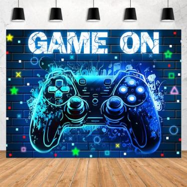 Imagem de MAYSSKQ Pano de fundo de festa de videogame azul neon que brilha de nível para aniversário Gamer Boy Arcade Party Family Night Backdrops Decorações de mesa de bolo (2,1 x 1,5 m)