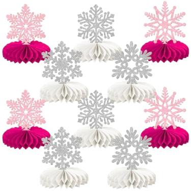 Imagem de Rsstarxi 10 Pieces Frozen Winter Wonderland Party Decorations Glitter Silver Pink Snowflake Honeycomb Centerpieces for Winter Holiday Baby Shower Kids Birthday Christmas Party Cake Decorations