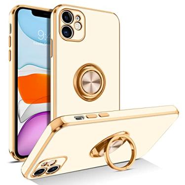 Imagem de BENTOBEN Capa para iPhone 11 com suporte de anel de 360°, suporte magnético fino à prova de choque suporte magnético suporte para carro feminino masculino capa protetora antiderrapante para iPhone 11 15,1 cm, branco leitoso/dourado