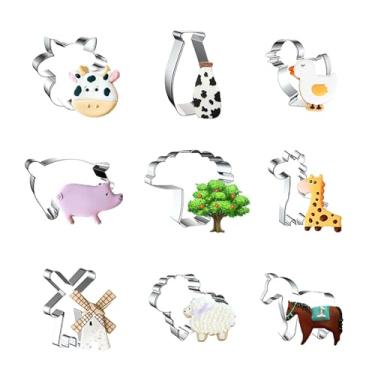 Imagem de WJSYSHOP Conjunto de 9 peças de cortadores de biscoito de fazenda – garrafa de leite de vaca frango, porco, girafa, moinho de vento, ovelha, cordeiro, cabra, cavalo - D