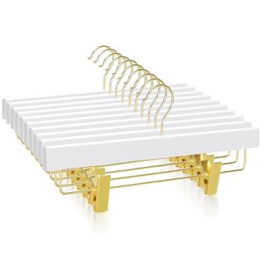 Imagem de TOPIA HANGER Cabides de madeira de lótus, saia curta, cabides de calça com 2 clipes metálicos dourados ajustáveis premium e rolha de borracha, gancho giratório dourado 360° para armário, pacote com