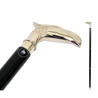 Imagem de Aasiya Nautical Bengala de caminhada de latão de madeira para homens e mulheres, bengalas de caminhada extravagantes, bengala de fantasia preta prateada com design vitoriano, bengala de Halloween