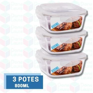 Imagem de 3 Pote Marmita 800ML Quadrado c/ Tampa Vidro Resistente - QUALITY HOUS