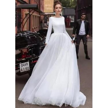 Imagem de Vestido De Noiva Manga Longa Luxo Clássico Costa V Saia Fina - AUGUI N