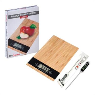 Imagem de Kit Balança Tampo Madeira 5KG Cozinha e Termômetro UnyHome