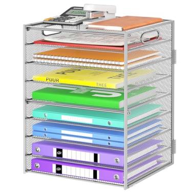 Imagem de Cawukege Organizador de papel de 9 camadas com alça, organizador de mesa de grande capacidade, pasta de arquivos de malha, bandeja de papel; classificador de documentos para sala de aula, escola e