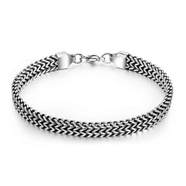 Imagem de Rockyu Pulseira masculina, prata, corrente de aço inoxidável, simples, moderna, pulseira de corrente dupla, pulseira larga, hipoalergênica, Aço inoxidável