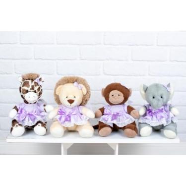 Imagem de Safari de Pelúcias, Vestidos com Lese, Conjunto de 4, Girafa, Leão, Macaco e Elefante 15 cm (Vestido com lese lilás liso)