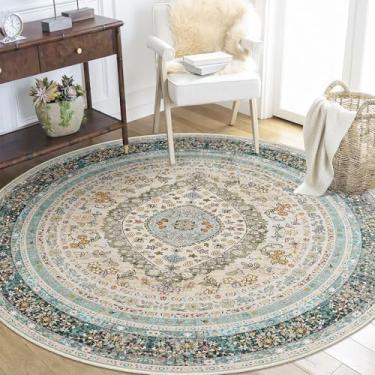 Imagem de Castage Tapetes redondos de 1,5 m lavável, tapete azul para sala de estar, quarto, sala de jantar, grande, boêmio, vintage, boêmio, envelhecido, tapete oriental, antiderrapante, floral