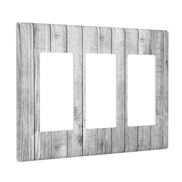 Imagem de Padrão de textura de madeira cinza, capa de interruptor de luz triplo basculante de casa de fazenda, receptáculo de tomada de placa de parede, 3 grupos para decoração de quarto de meninas, design de