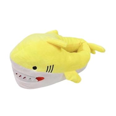 Imagem de Colaxi Chinelos de pelúcia de tubarão, chinelos de pelúcia de animais, quentes, aconchegantes, antiderrapantes, sapatos de casal para mulheres, Amarelo