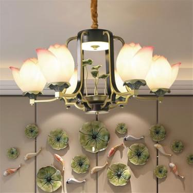 Imagem de OUFULA Luminária pendente de lótus contemporânea chinesa retrô criatividade sala de estar restaurante quarto villa hotel balcão decoração led lustre (C 6 lights)