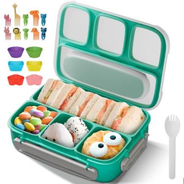 Imagem de Bento Box Verde, com 4 Marmita com Divisoria, Palhetas de Comida e Copos de Muffin, para Molhos, Utensílios, Marmita Termica, Recipiente, Lancheira Bento Box, Pote Lanche Escolar
