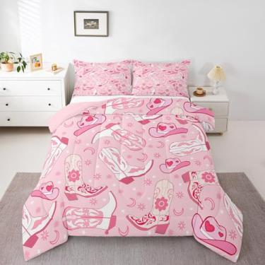 Imagem de Feelyou Conjunto de edredom rosa Howday para crianças, meninos, meninas, decoração de clima queen, botas de equitação, decoração de quarto, chapéu de caubói do oeste selvagem, conjunto de edredom com