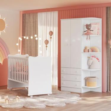Imagem de Quarto de Bebê Doce Sonho com Roupeiro 825 e Berço Simples 1 c/Rodízios Qmovi Branco + Colchão Physical