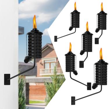 Imagem de FAN-Torches Pacote com 6 maçaricos de citronela pretos montados na parede, tocha de metal externa de 473 ml, lanternas de jardim recarregáveis para quintal, pátio, deck, jardim, festa, paisagem