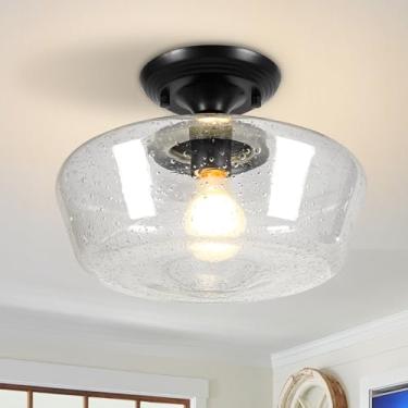 Imagem de Goosebrite Luminária Para Escola, Luminária De Teto Semi-Embutida Preta De 12" Com Globo De Vidro Semeado, Luzes De Encaixe No Teto Para Cozinha, Corredor E Entrada