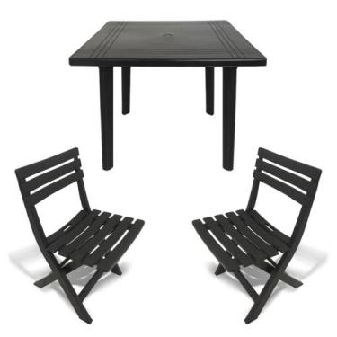 Imagem de Mesa Quadrada Plástico Desmontável 90cm Preta + 2 Cadeiras Dobráveis -